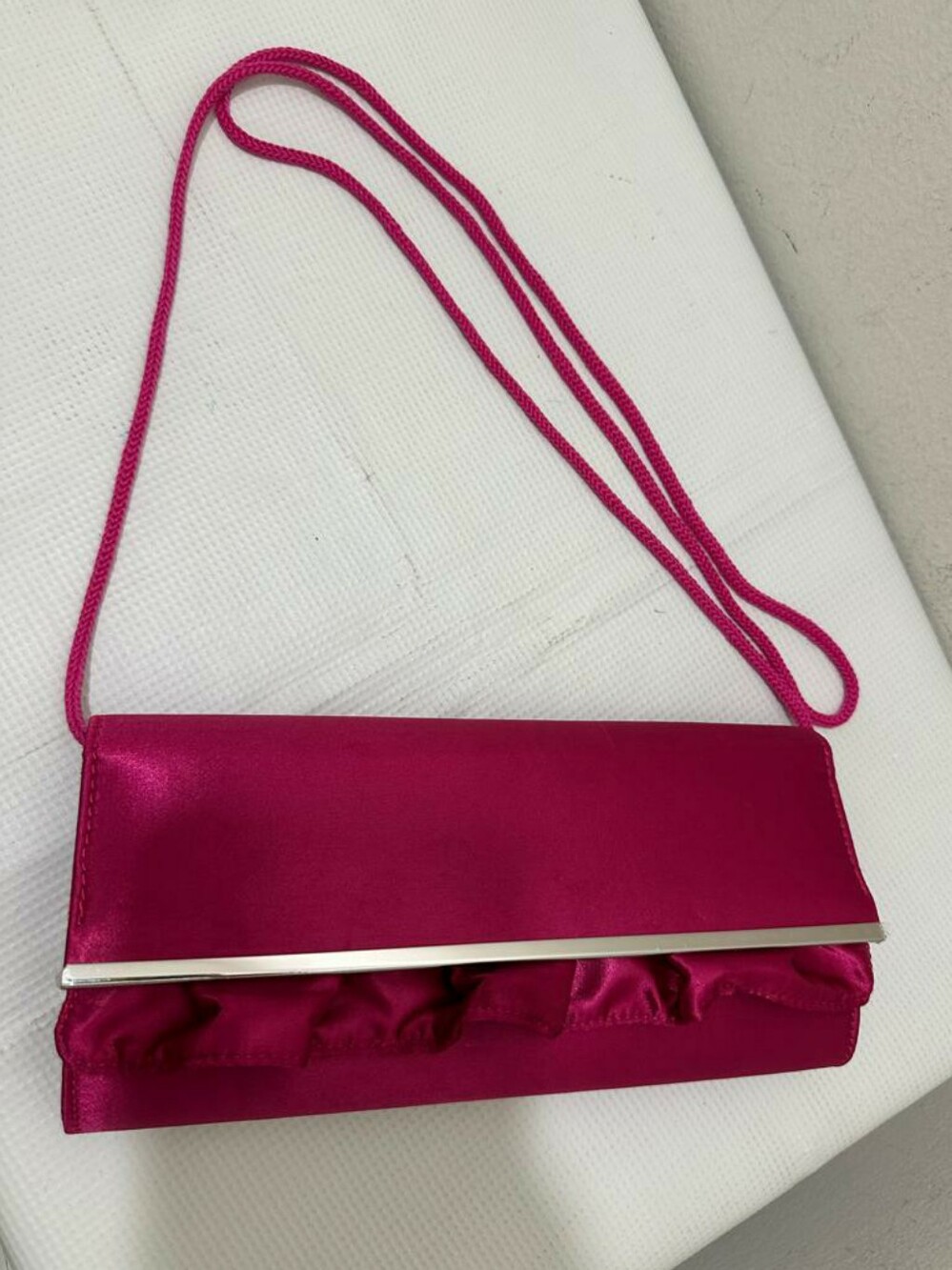 Fioni Hot Pink Satin Clutch Formal Evening Purse Pleated Ruffle Details